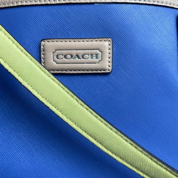 COACH BLUE LEATHER TOTE WITH LIIGHT YELLOW TRIM/HANDLES.  EXCELLENT CONDITION. - Picture 1 of 4